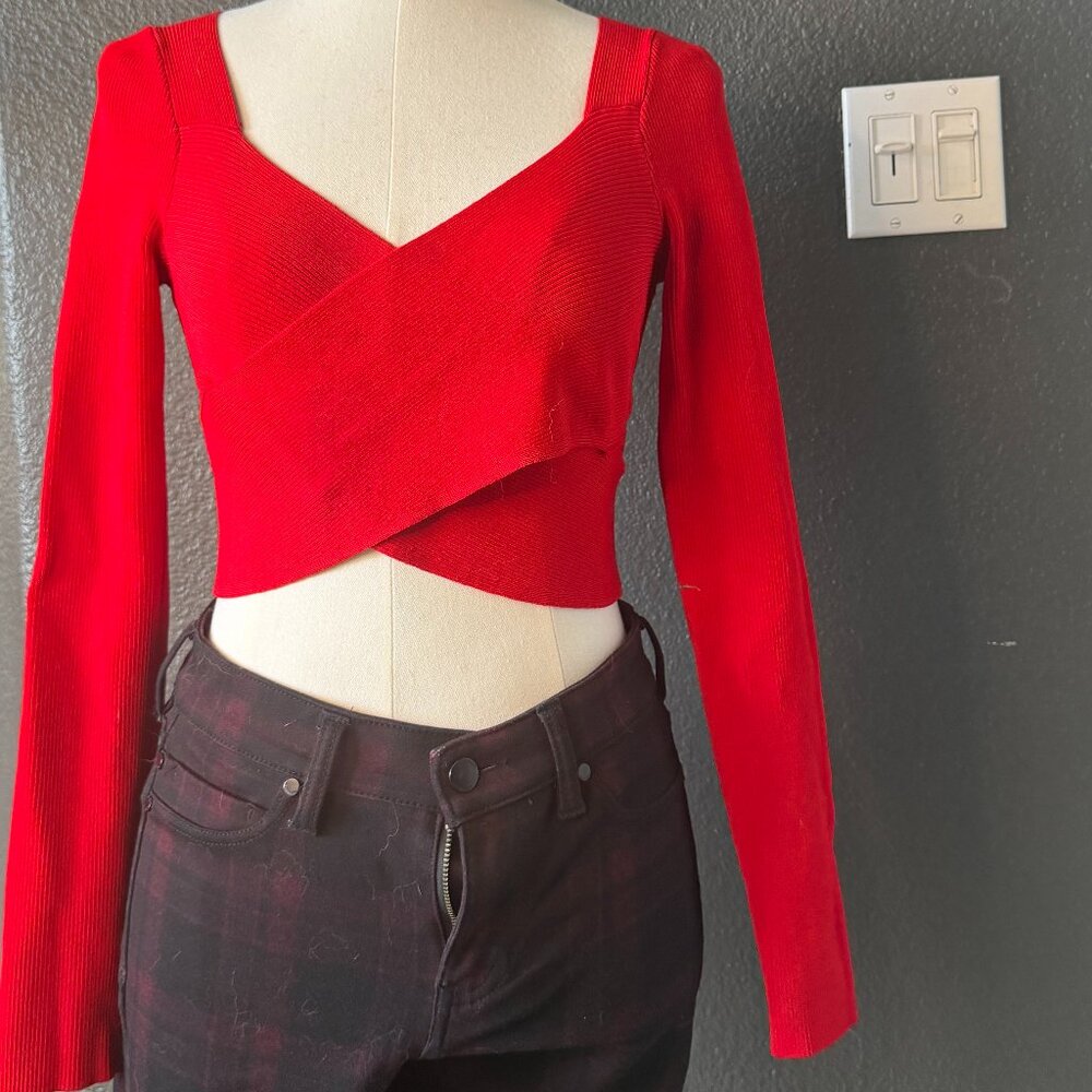 Bright Red Cropped Bandage Long Sleeved Top
